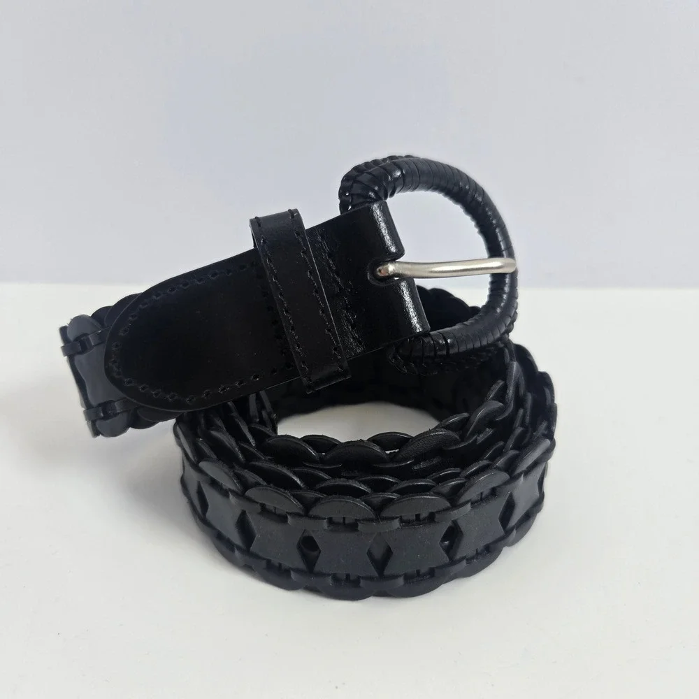 Leather Belt Womens XL Black Scalloped Woven Round Buckle Boho Western NEW